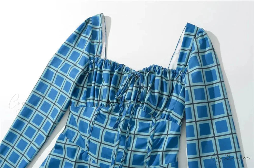 Gingham Print Long Charming Sleeve Mini Dress