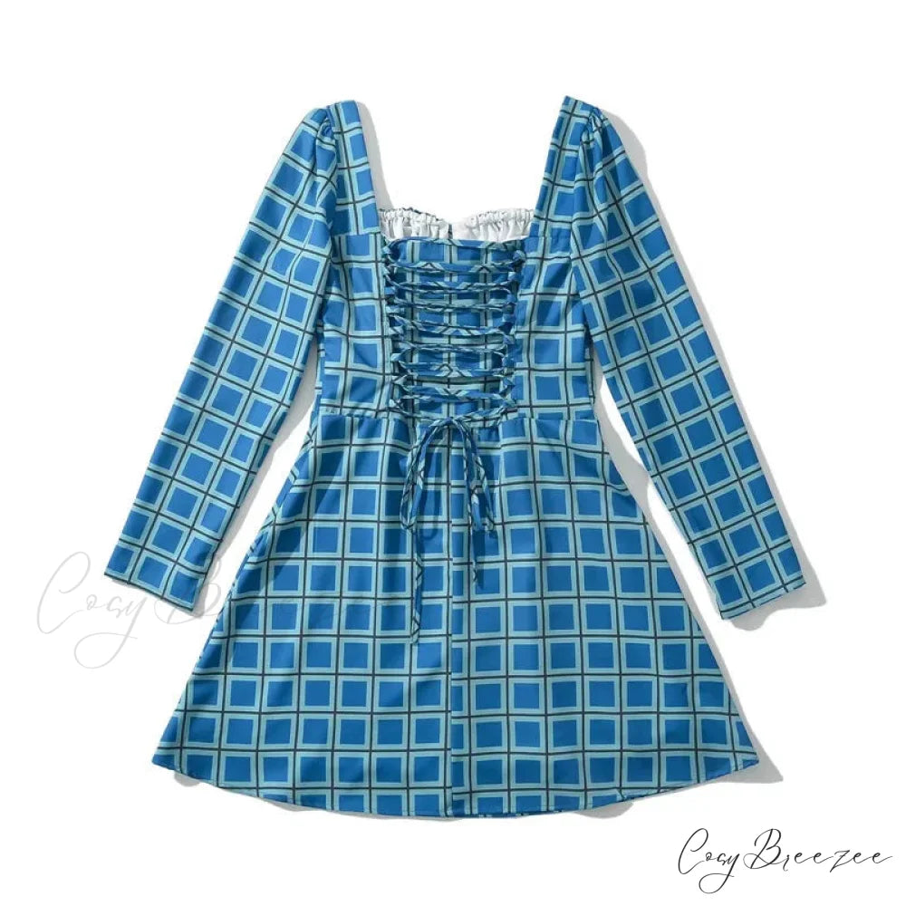 Gingham Print Long Charming Sleeve Mini Dress