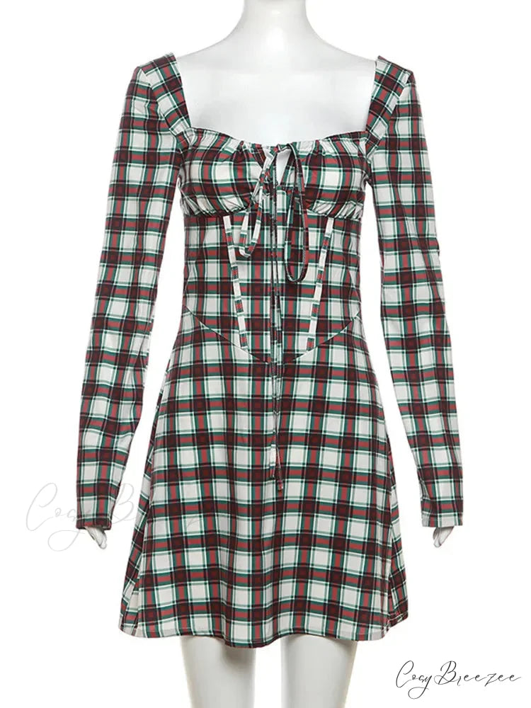 Gingham Print Long Charming Sleeve Mini Dress