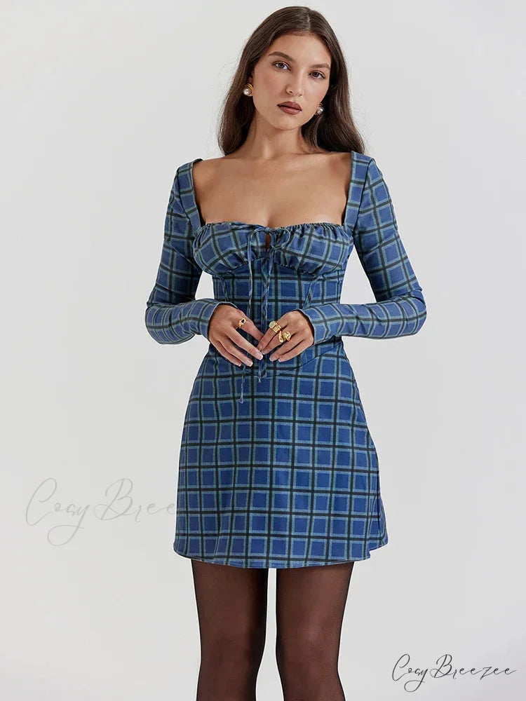 Gingham Print Long Charming Sleeve Mini Dress