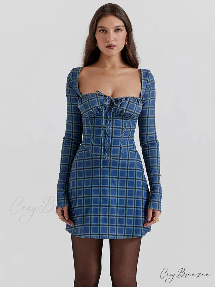Gingham Print Long Charming Sleeve Mini Dress
