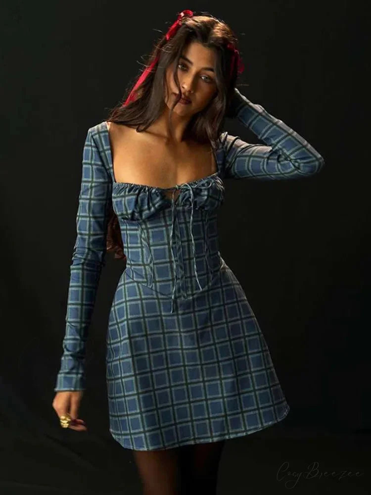 Gingham Print Long Charming Sleeve Mini Dress