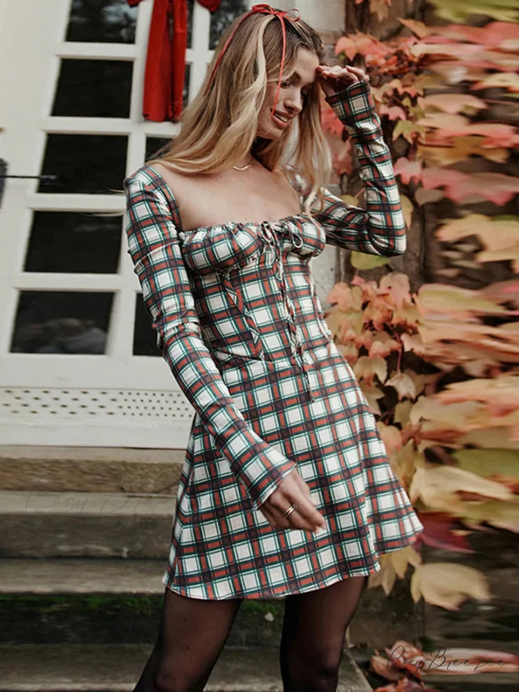 Gingham Print Long Charming Sleeve Mini Dress