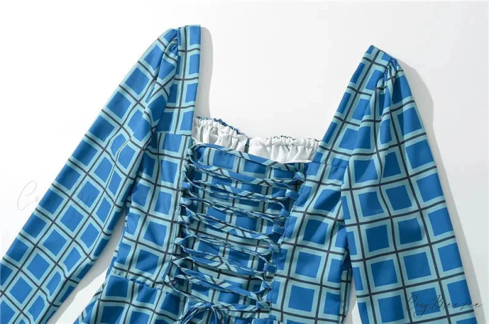 Gingham Print Long Charming Sleeve Mini Dress