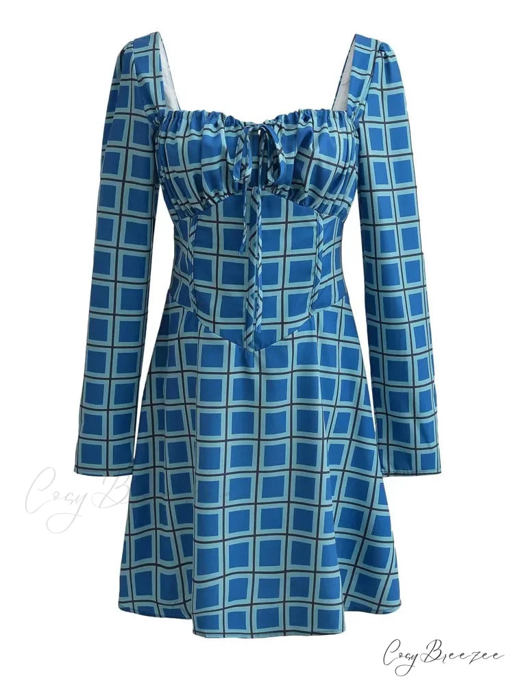 Gingham Print Long Charming Sleeve Mini Dress Blue / S