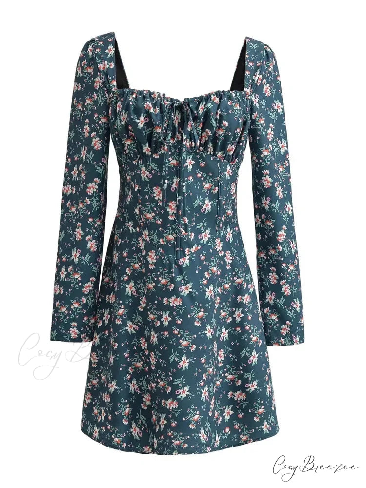 Gingham Print Long Charming Sleeve Mini Dress Green / S