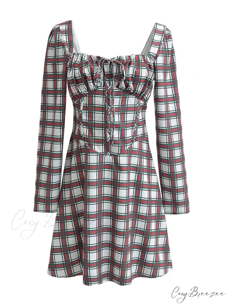 Gingham Print Long Charming Sleeve Mini Dress Red / S