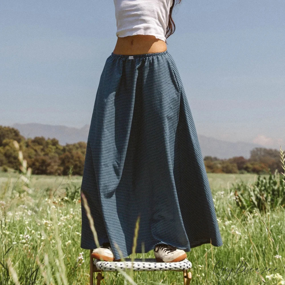 Gingham Ruffle Plaid Midi Skirt navy / S skirts-250223