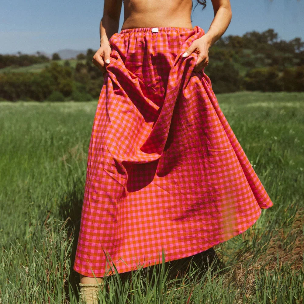 Gingham Ruffle Plaid Midi Skirt red / S skirts-250223