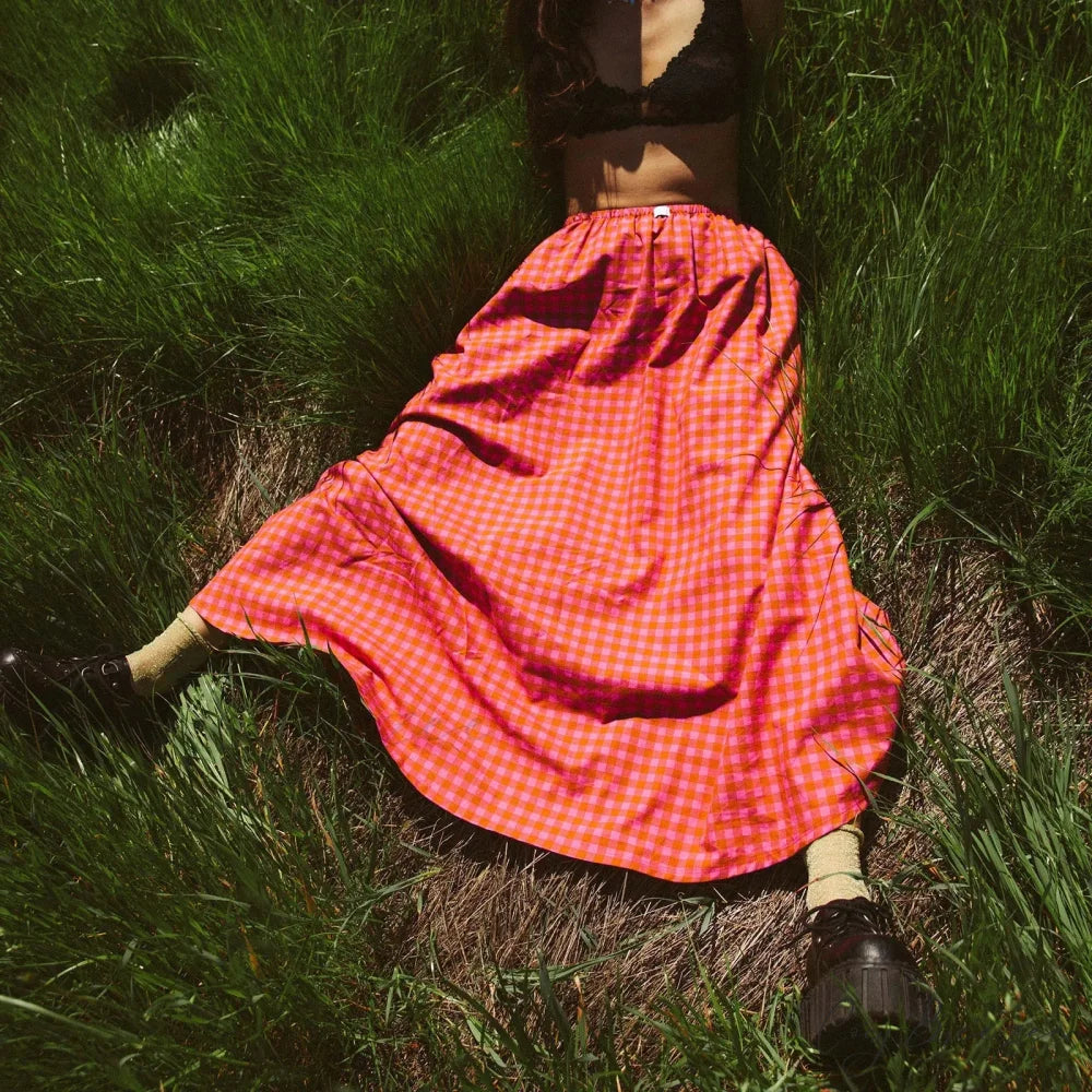 Gingham Ruffle Plaid Midi Skirt skirts-250223