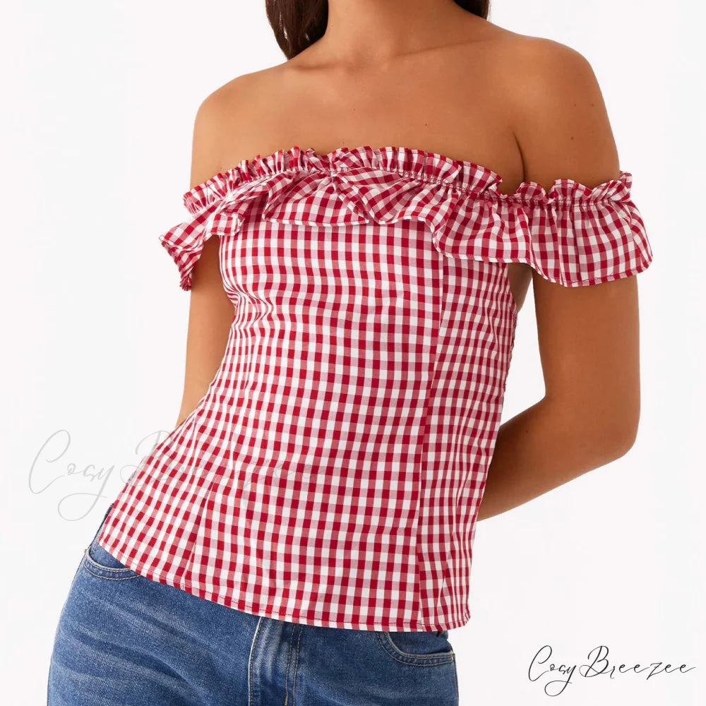Gingham Square Neck Crop Top Red / S croptop-250223