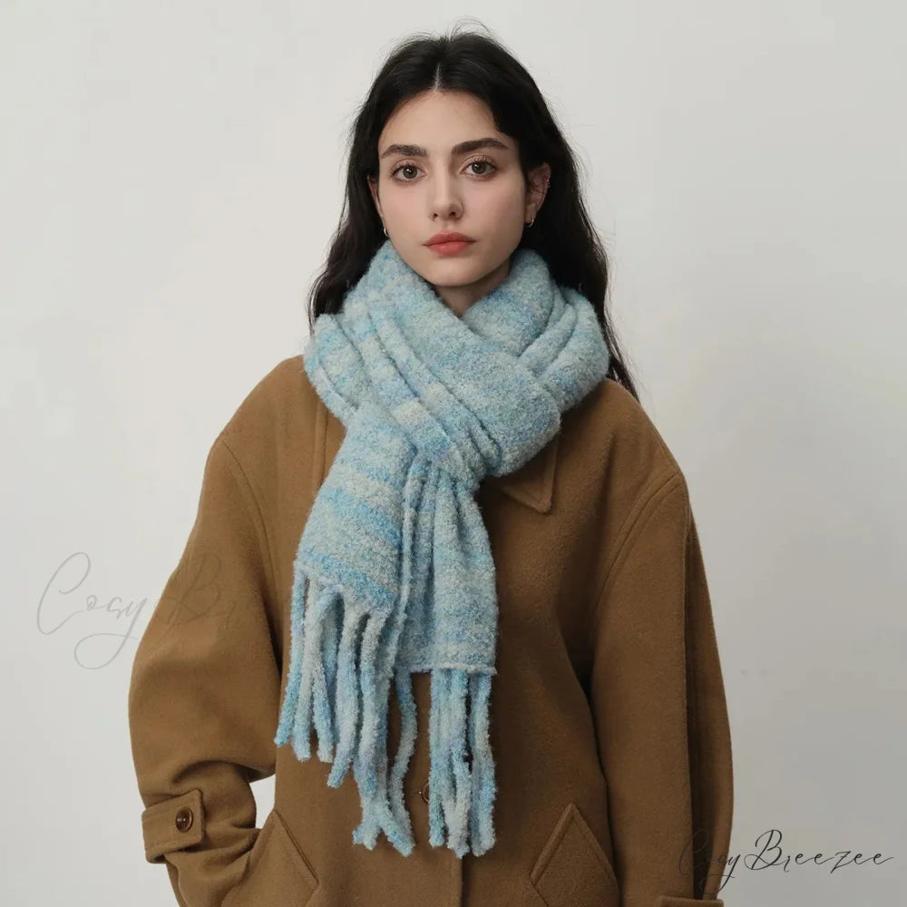 Glacier Blue Knitted Wool Scarf with Tassels for Women Blue green / L215CM W27CM
