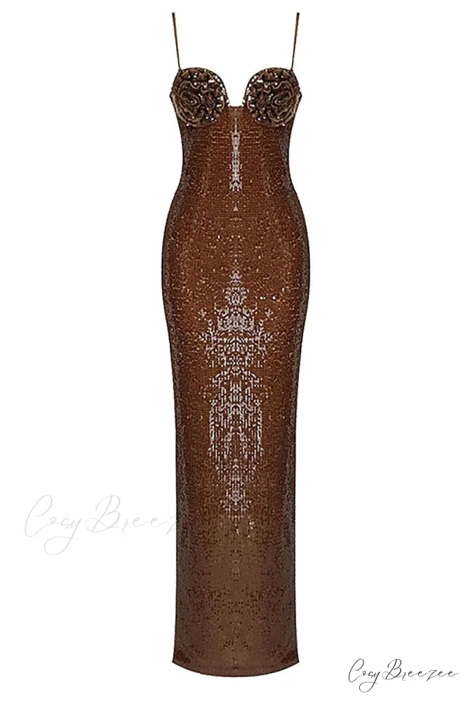 Glamorous Affair Bustier Trendy Brown Sequin Maxi Dress