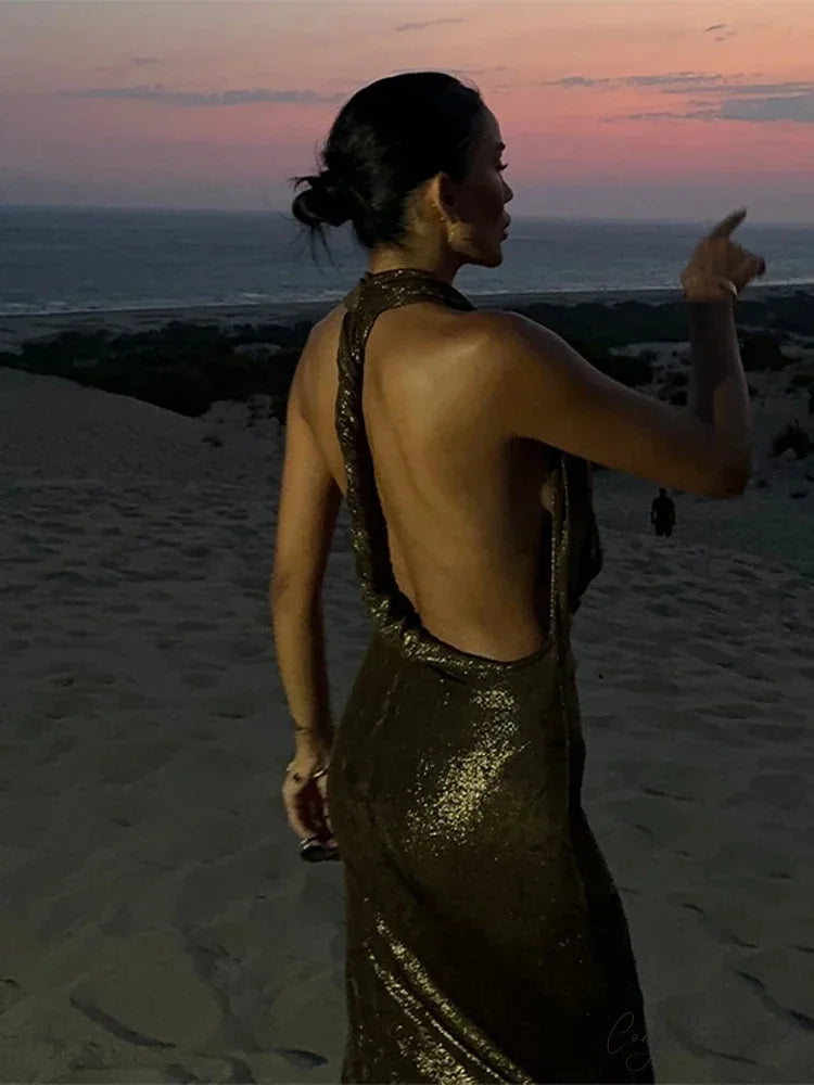 Glitter Halter Maxi Party Dress