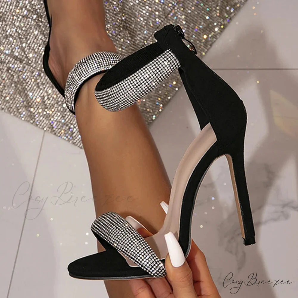 Glittering Rhinestone Zip-Wrap Sandals Transparent Sexy Open-Toe Summer Party High Heel
