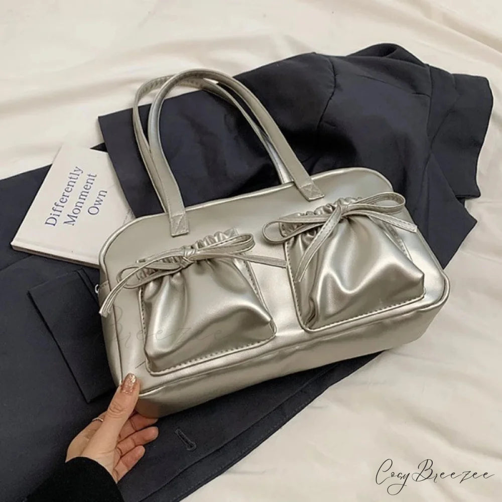 Glossy PU Sewing Thread Bag Silver / Without pendant shoulder-250126