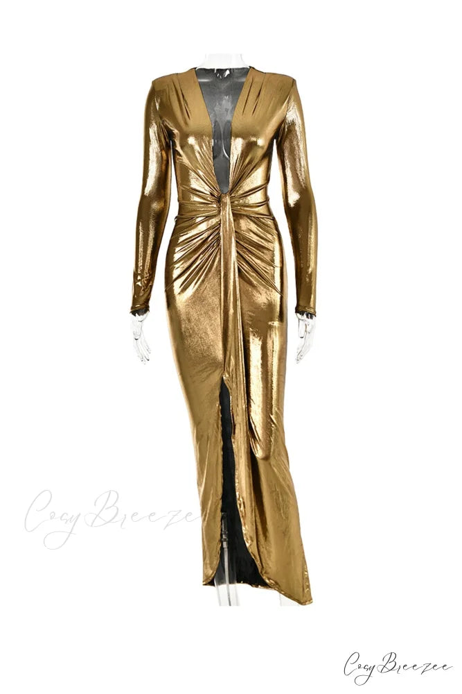 Glossy V Neck Ruched Slit Dress