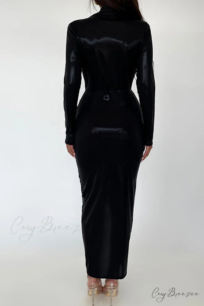 Glossy V Neck Ruched Slit Dress
