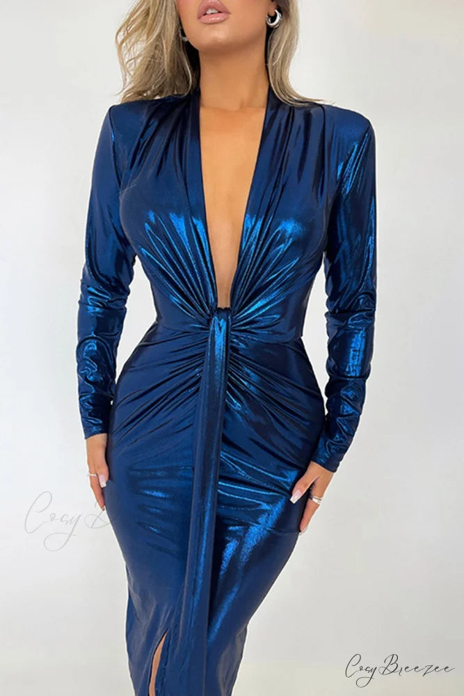 Glossy V Neck Ruched Slit Dress Blue / S