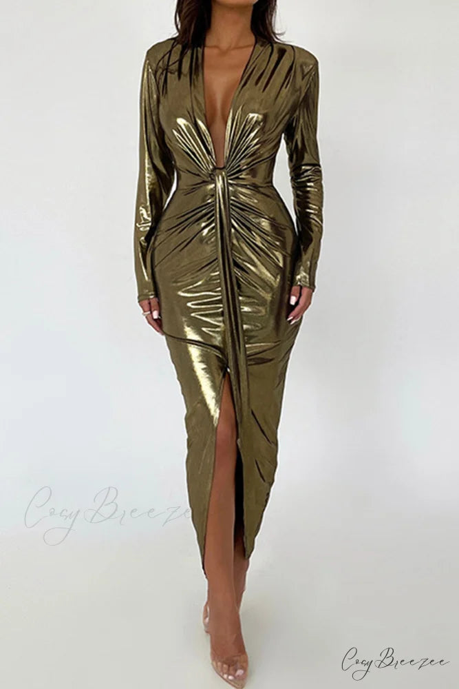 Glossy V Neck Ruched Slit Dress Golden / L