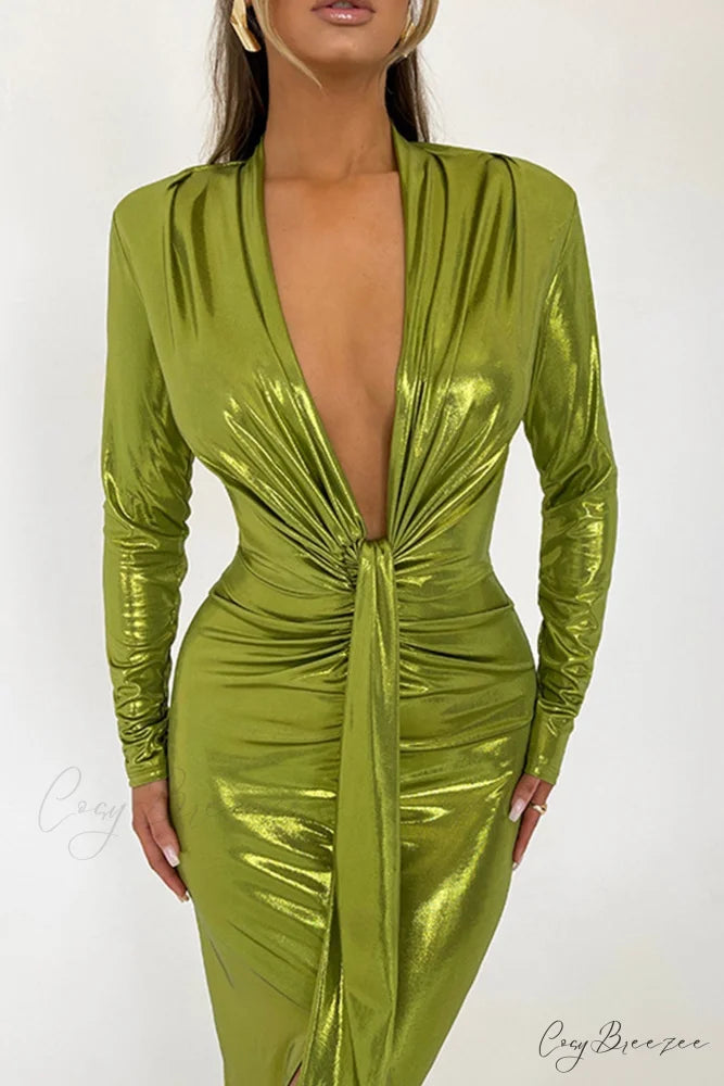 Glossy V Neck Ruched Slit Dress Green / M