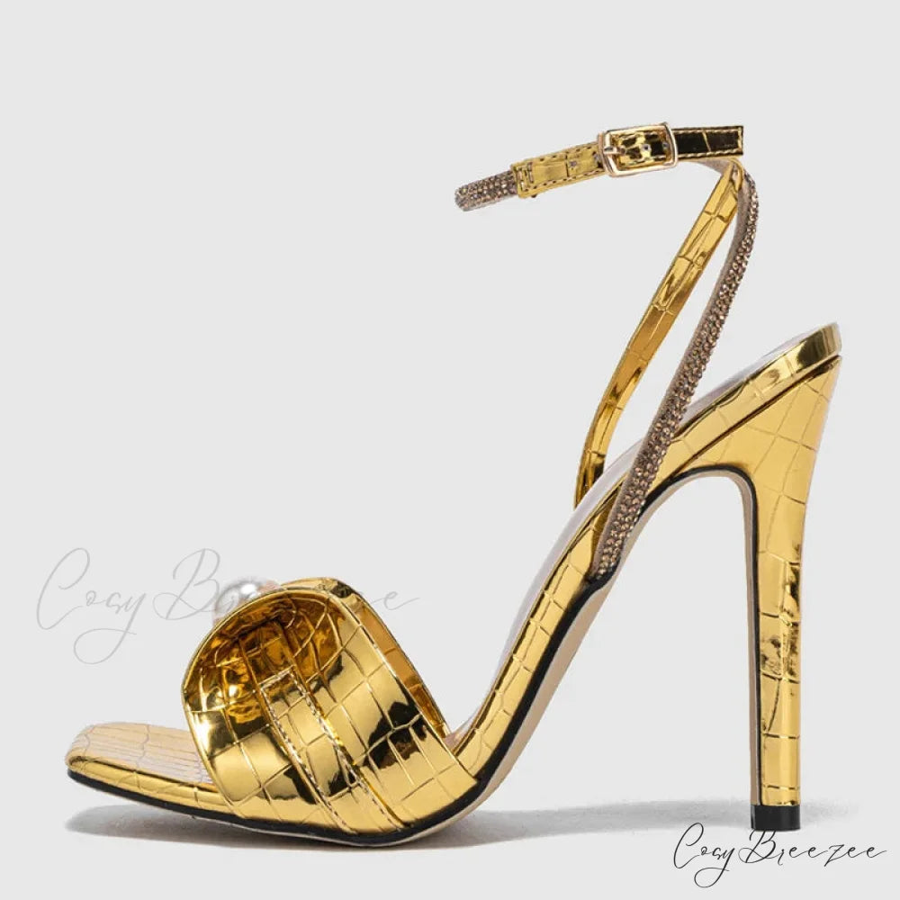 Gold Snake Print Leather Square Toe Crystal Ankle Strap Sandals High Heels Party Dress Shoes - Size 43 Golden / 35