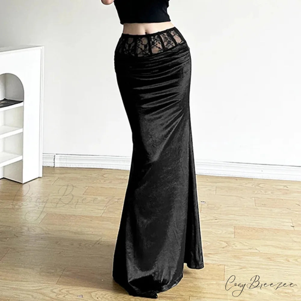 Goth Dark Elegant Mall Gothic Velvet Trumpet Y2k Partywear Lace Patchwork Sexy Long Skirt