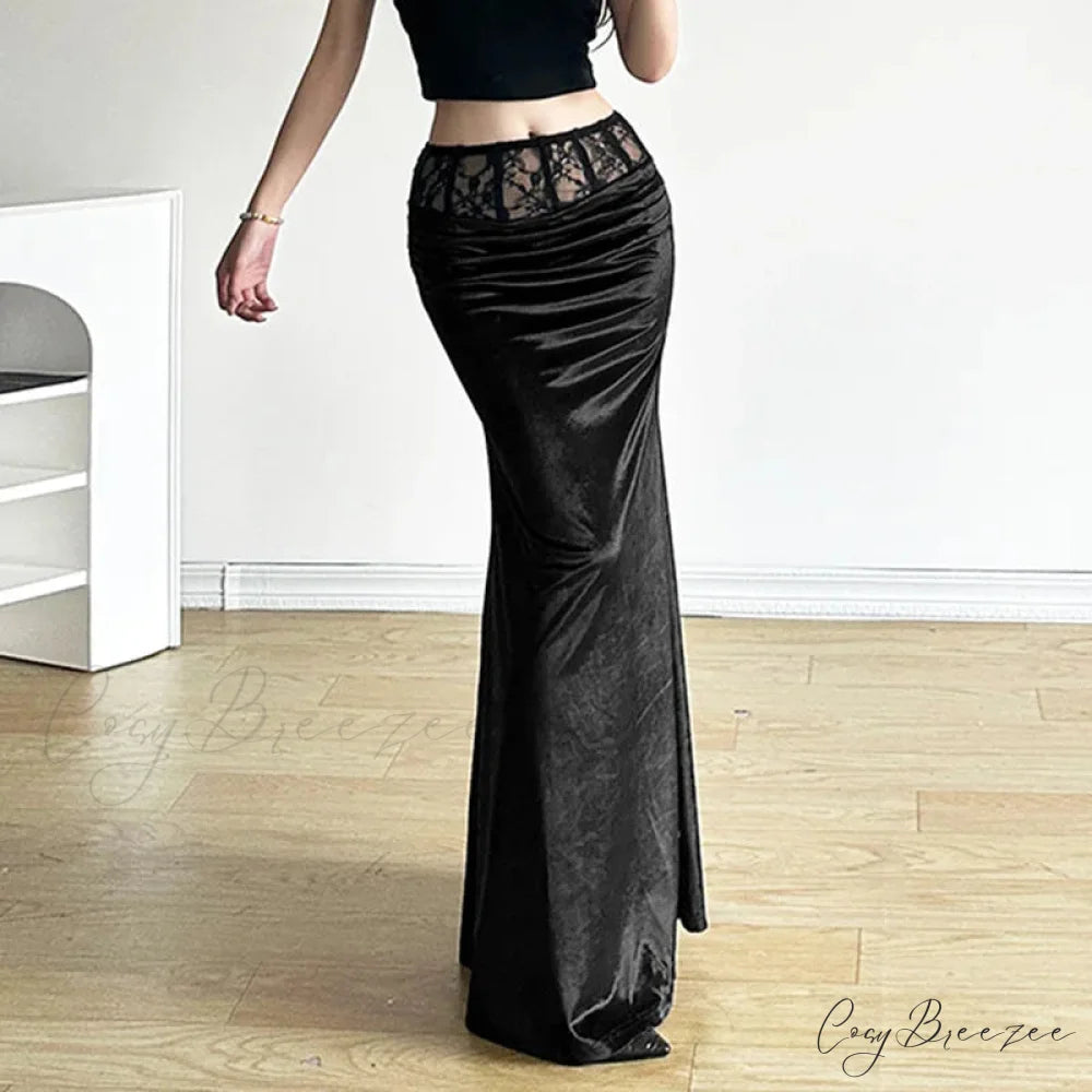Goth Dark Elegant Mall Gothic Velvet Trumpet Y2k Partywear Lace Patchwork Sexy Long Skirt
