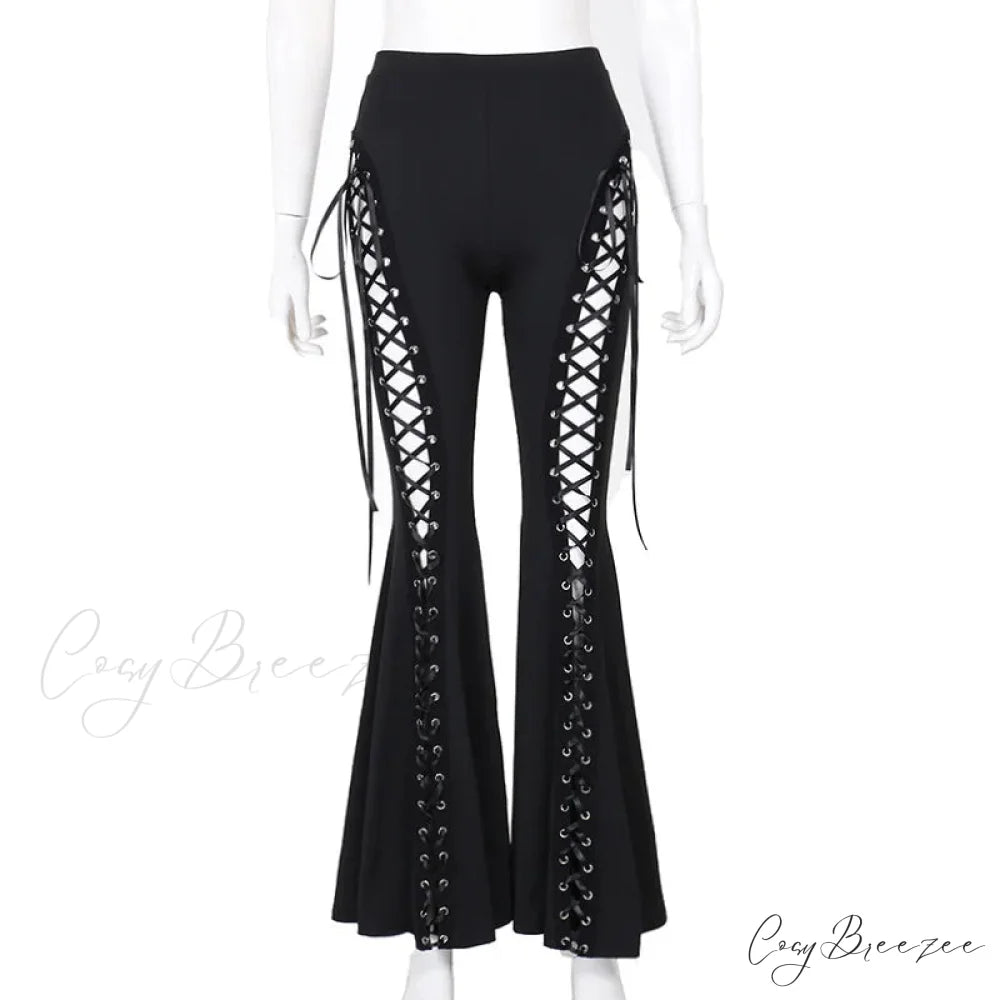 Goth Dark Grunge Streetwear Black Bandage Pants Hollow Flare Pants Black / S