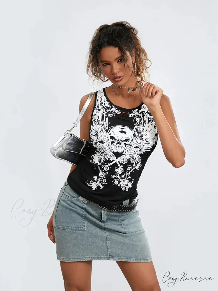 Goth Tank Fairy Grunge Skull Print Hollow-Out Sleeveless Summer Running Crop Top