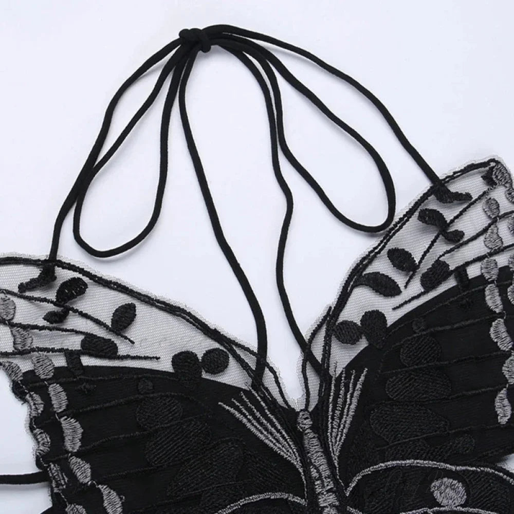 Gothic Butterfly-Shape Sexy Black Halter Strappy Backless Crop Top Black / One Size