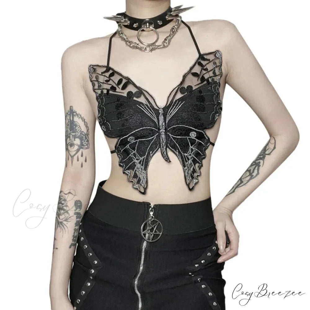 Gothic Butterfly-Shape Sexy Black Halter Strappy Backless Crop Top Black / One Size