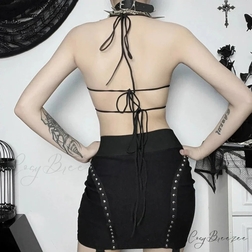 Gothic Butterfly-Shape Sexy Black Halter Strappy Backless Crop Top Black / One Size