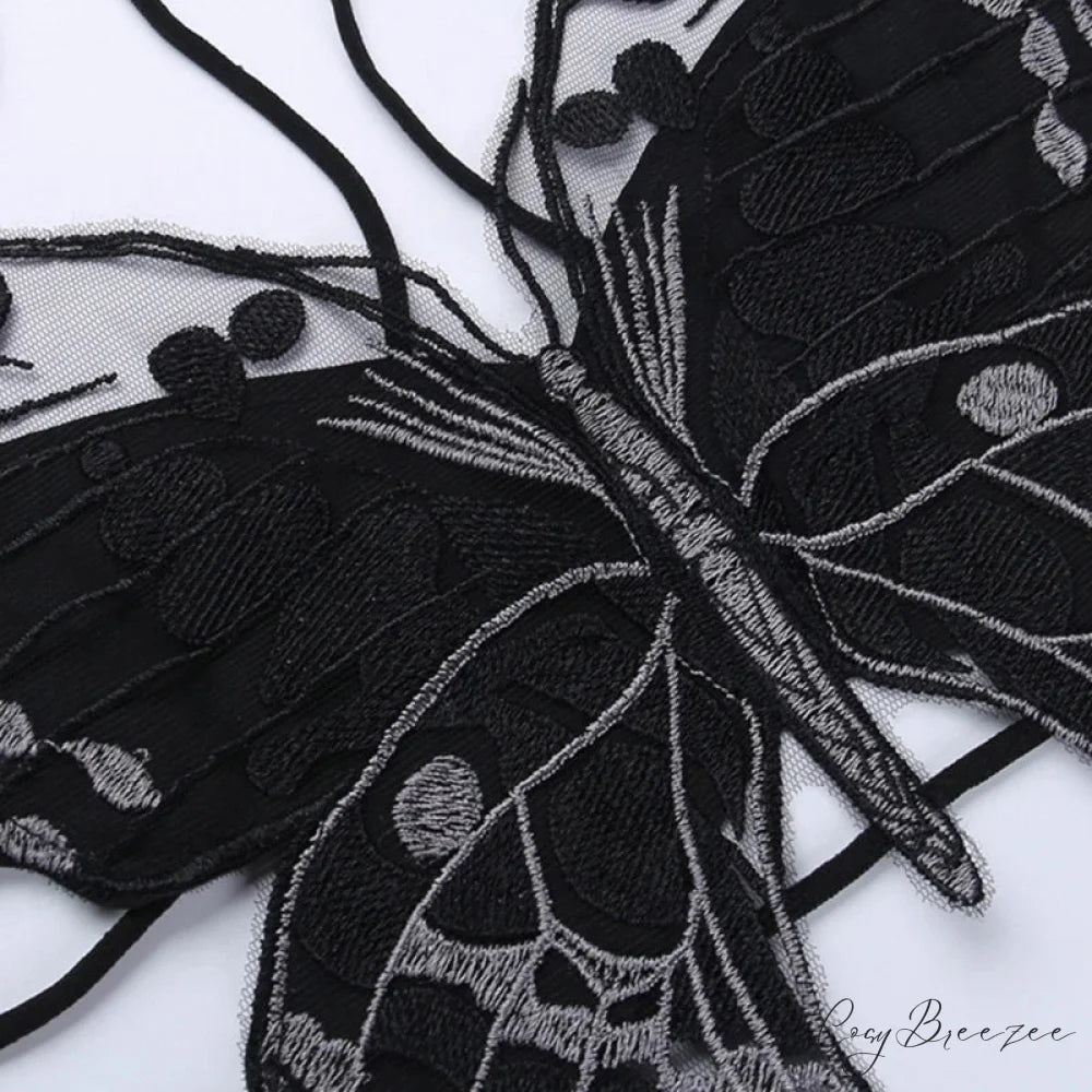 Gothic Butterfly-Shape Sexy Black Halter Strappy Backless Crop Top Black / One Size