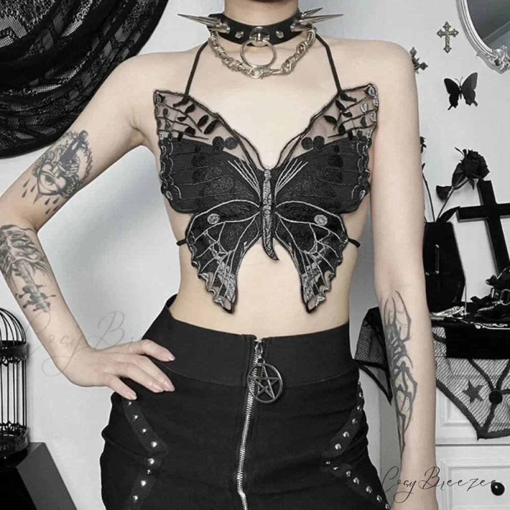 Gothic Butterfly-Shape Sexy Black Halter Strappy Backless Crop Top Black / One Size