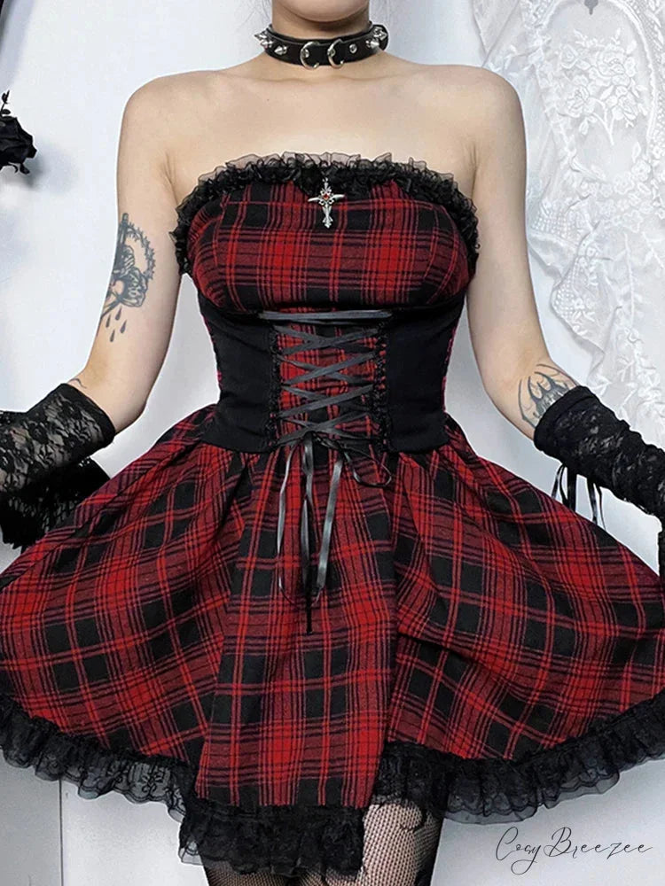 Gothic Contrast Straples Tube Top Bodycon Dress