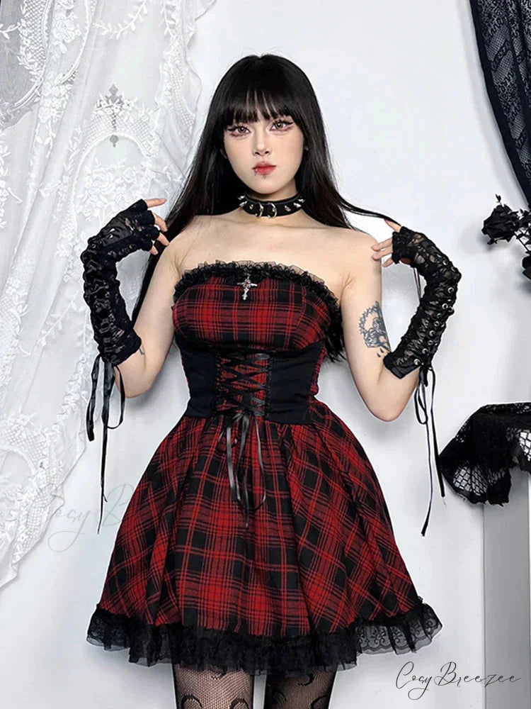 Gothic Contrast Straples Tube Top Bodycon Dress Red / S