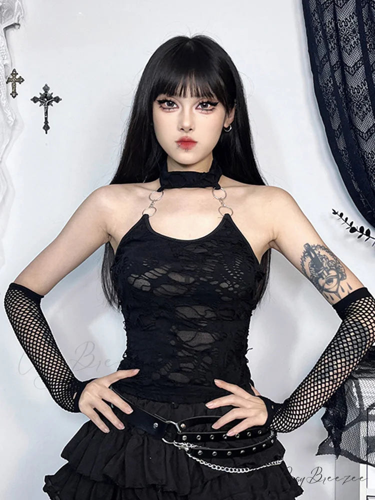 Gothic Halter Backless Cyberpunk Y2K Crop Top