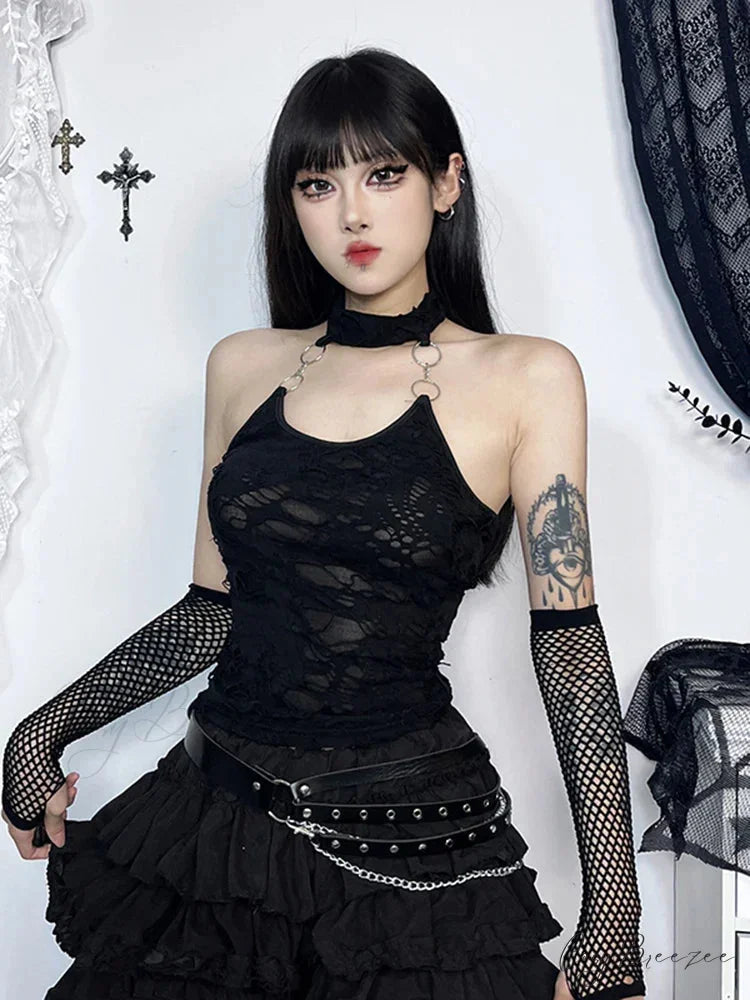 Gothic Halter Backless Cyberpunk Y2K Crop Top Black / S