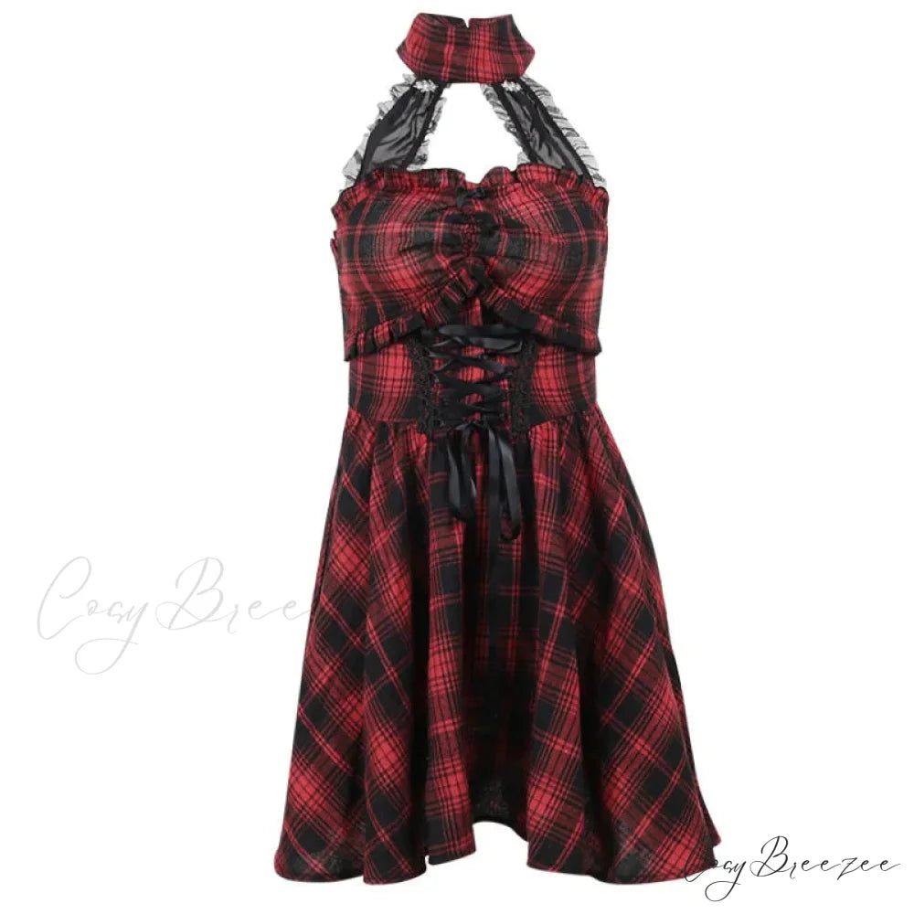 Gothic Halter Neck Sleeveless Vintage Plaid Mall Goth High Waist A line Swing Backless Dress