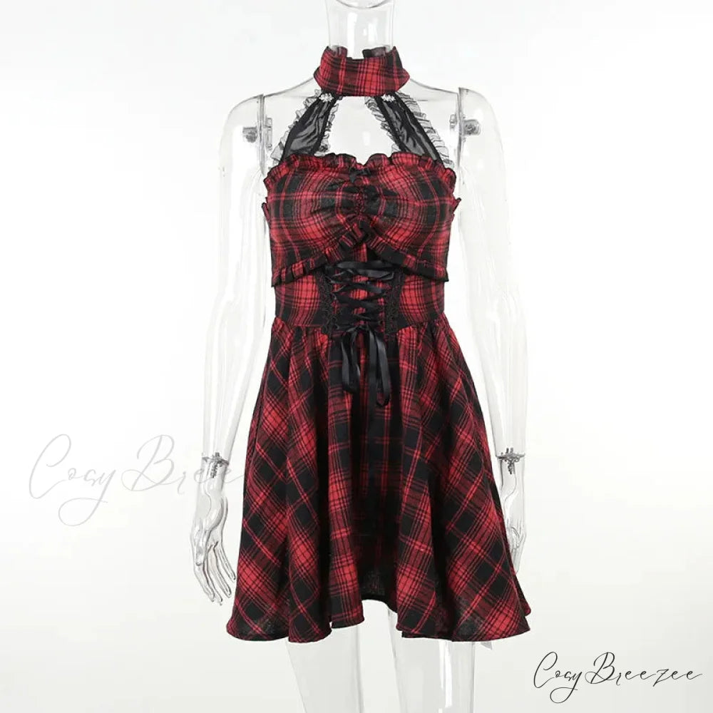 Gothic Halter Neck Sleeveless Vintage Plaid Mall Goth High Waist A line Swing Backless Dress Red / S