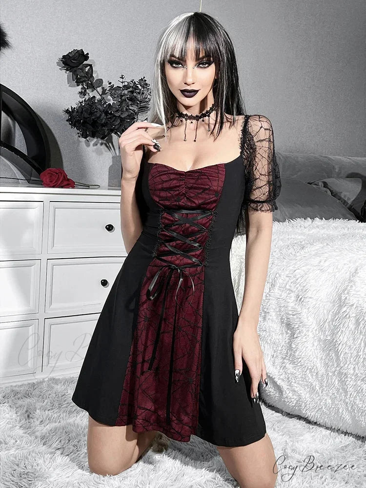Gothic Harajuku Lace Short Sleeve Grunge Sexy Patchwork Lolita Strap Mini Dress