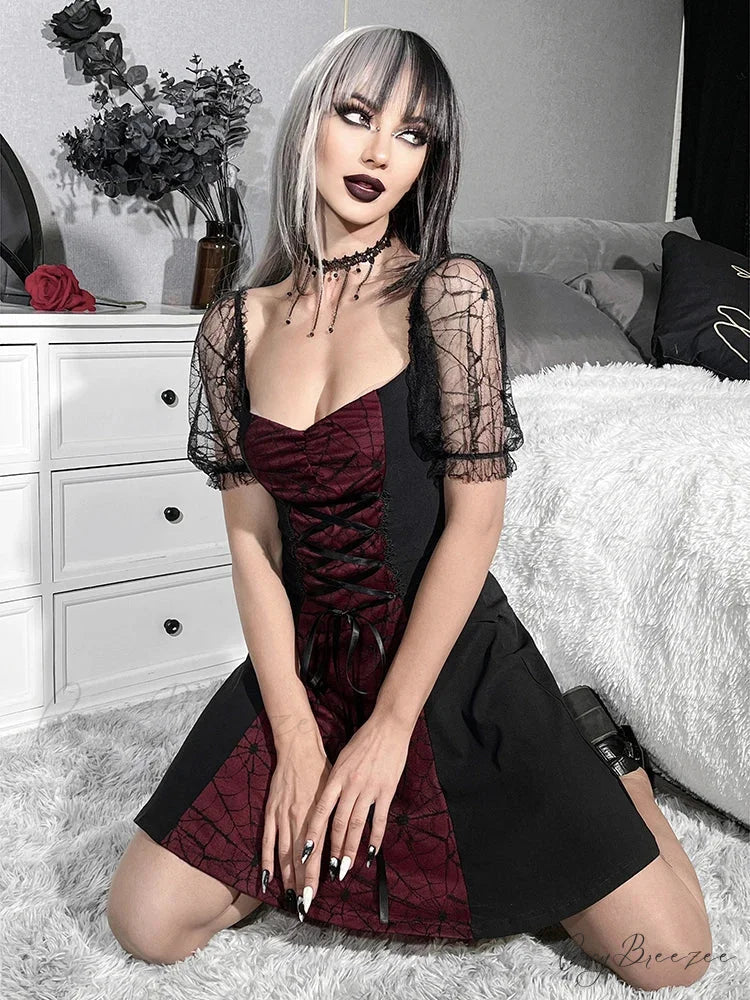 Gothic Harajuku Lace Short Sleeve Grunge Sexy Patchwork Lolita Strap Mini Dress Black / S