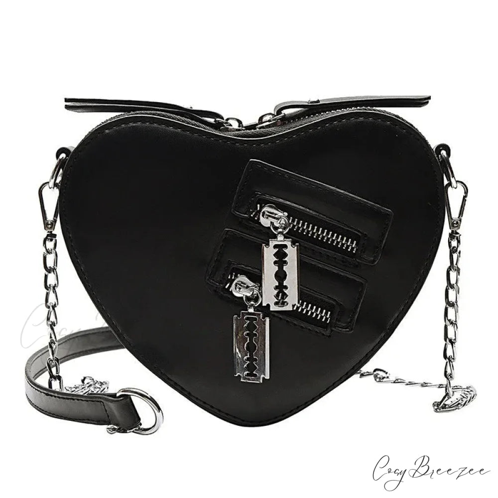 Gothic Heart Blade Zipper Chain Casual Summer Shoulder Handbag Crossbody Bag Black