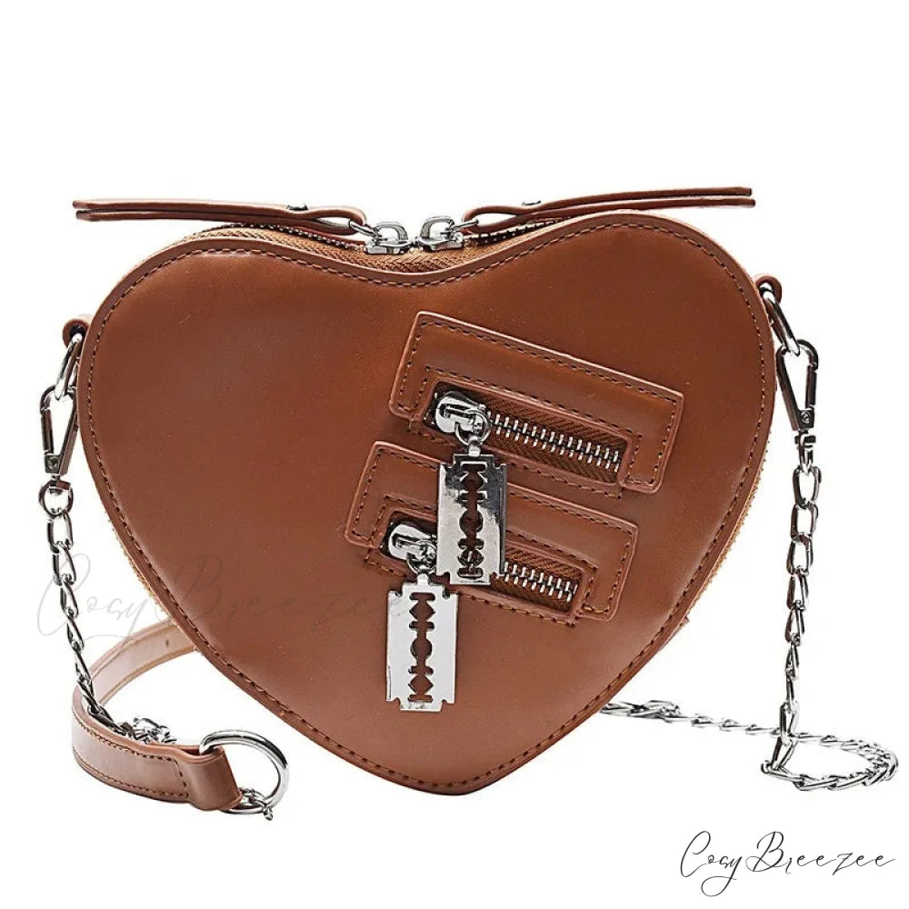 Gothic Heart Blade Zipper Chain Casual Summer Shoulder Handbag Crossbody Bag Brown