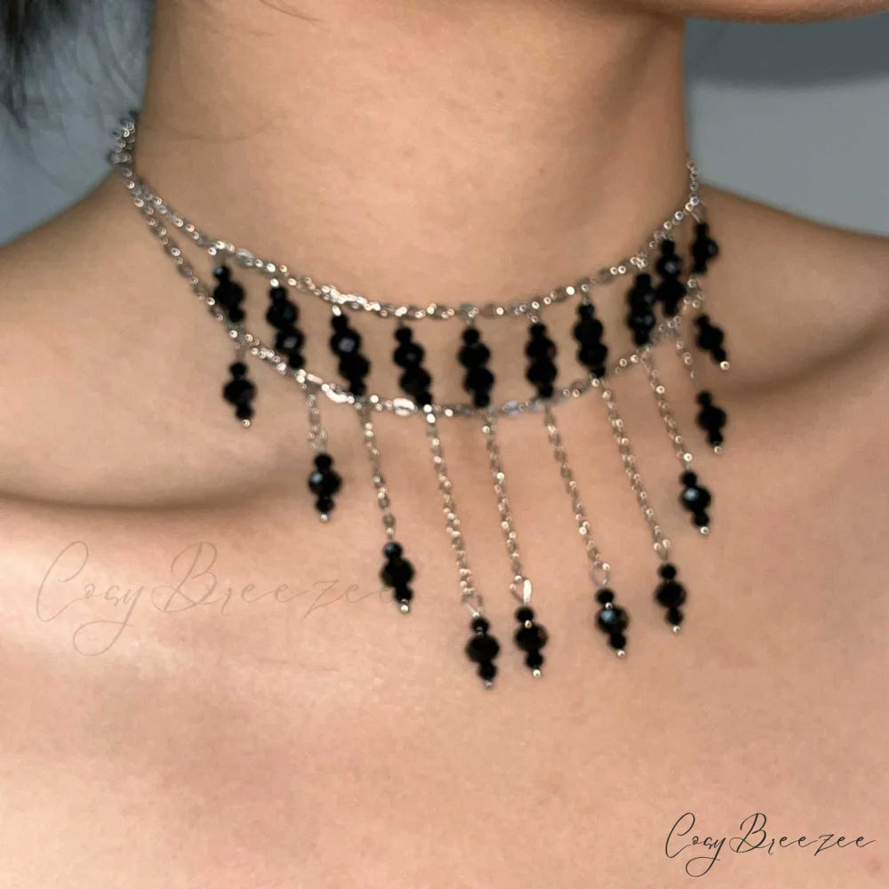 Gothic Original Design Black Tassel Choker Necklace BLACK