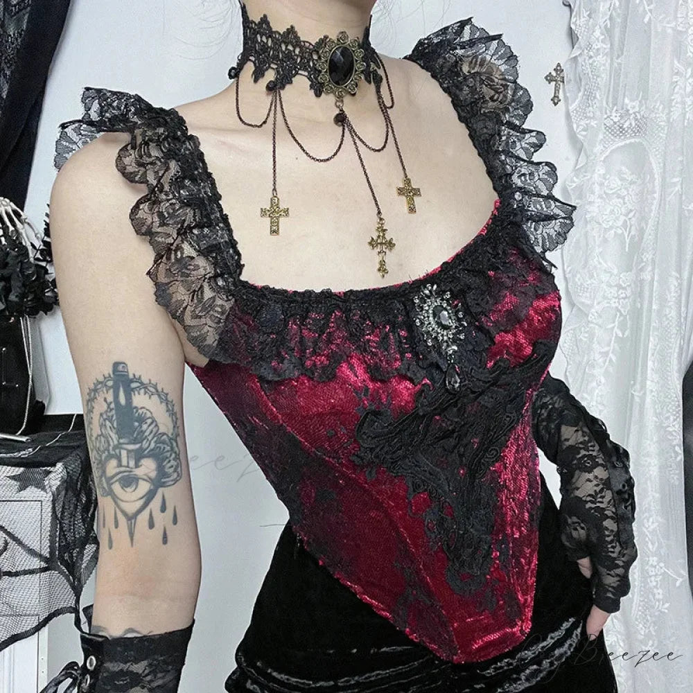 Gothic Punk Victorian Patchwork Ruched Lace Tube Bustier Crop Top