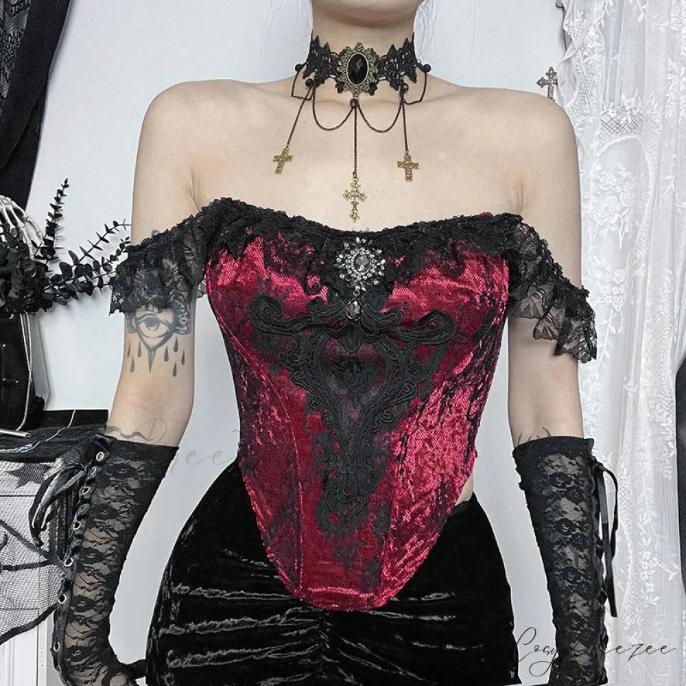 Gothic Punk Victorian Patchwork Ruched Lace Tube Bustier Crop Top Claret Tops / S