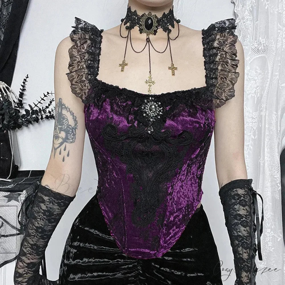 Gothic Punk Victorian Patchwork Ruched Lace Tube Bustier Crop Top Purple Tops / S
