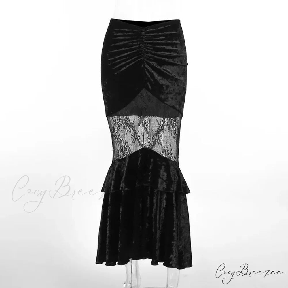 Gothic Punk Victorian Patchwork Ruched Lace Tube Bustier Crop Top Skirt / S
